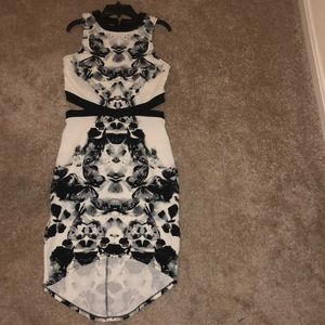 A black, white, and gray dress